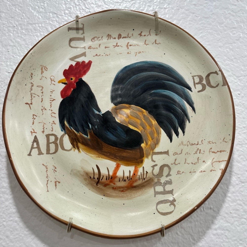 Vintage Rooster Decorative Plate Farmhouse Wall Art Hanger Old MacDonald Script